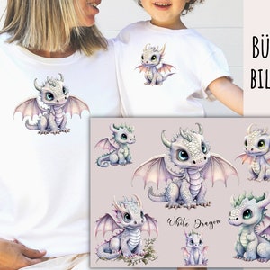 Könnte beinhalten: Weiße T-Shirts mit einem Cartoon-Drachendesign. Der Drache ist weiß mit hellvioletten Flügeln und Akzenten. Das Bild enthält auch eine Vielzahl von Drachenillustrationen und den Text "White Dragon".