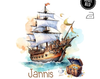 Pirate ship iron-on patch for school cones or birthdays, ship for ironing on, iron-on patch with name