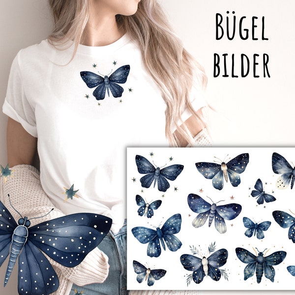13 images thermocollantes papillons de nuit aquarelle, papillons aquarelle, papillon à repasser, papillons magiques à repasser, bleu