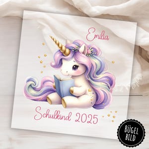 Iron-on unicorn design for school cones or birthdays, iron-on design with name and number for self-ironing.