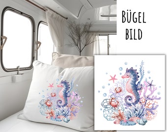 Iron-on patch of sea creatures, maritime picture for ironing on, sea creatures for ironing on, shells, coral, crab, seahorse, SKU 5.000.383