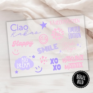 15 iron-on patches in pale pink and light purple, funny sayings to iron on yourself for girls, rascals, ciao cocoa, happy, smile