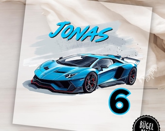 Iron-on car transfer personalized with name and birthday number or for a school cone – blue sports car – birthday & first day of school