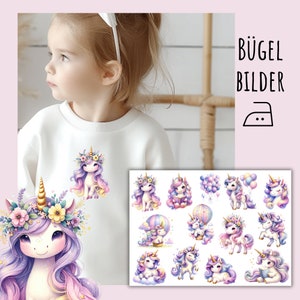Könnte beinhalten: Ein Set mit 16 Bügelbildern mit Einhorn-Motiven. Die Motive zeigen Einhörner in verschiedenen Posen, darunter im Heißluftballon fliegen, ein Buch lesen und auf einer Wolke stehen. Die Motive sind perfekt, um Kleidung, Taschen und anderen Stoffartikeln einen Hauch von Fantasie zu verleihen.