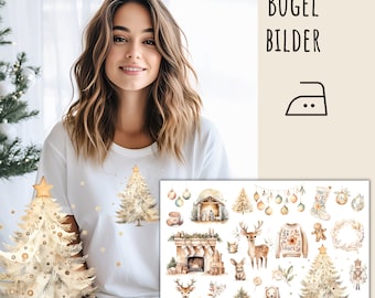 May include: White t-shirt with a watercolor Christmas tree design. The image also features a collection of Christmas-themed watercolor illustrations, including a fireplace, deer, and ornaments. The text "BÜGEL BILDER" is visible.