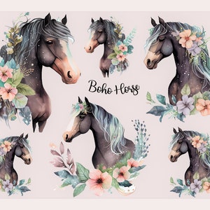 Iron-on patch Boho horses, 6 beautiful horse portraits with flowers to iron on, SKU 5.000.291