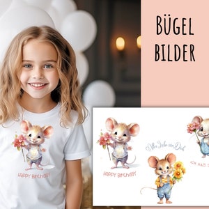 Op de afbeelding: Strijk-op designs met schattige cartoon muizen die bloemen vasthouden. De designs bevatten de tekst "Happy Birthday" en "Alles Liebe zum Dich Ich hab dich lieb!"