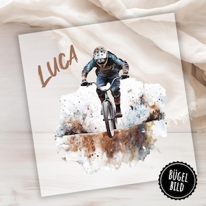 Iron-on BMX bike for school enrollment or birthday, BMX cyclist to iron on, iron-on image with name and number