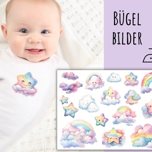 May include: A white baby onesie with a colorful star and cloud design. The image also shows a sheet of iron-on transfers featuring various watercolor illustrations of stars, clouds, and rainbows. The text "BÜGEL BILDER" is visible.