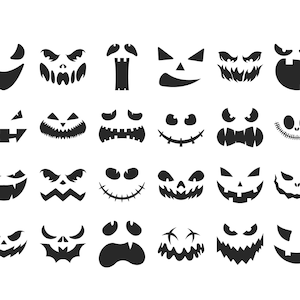 May include: A set of 24 black and white Halloween pumpkin face stencils. The stencils are in various shapes and sizes, including smiling, frowning, and scary faces.