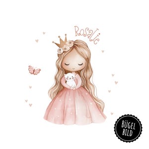 May include: A pink princess with a gold crown and flowers in her hair holds a white kitten. The princess is surrounded by pink hearts and a butterfly. The text "Rosalie" is written above her head. The text "Bügel Bild" is in a circle at the bottom right of the image.
