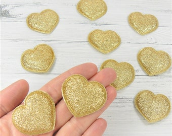 10 golden hearts, glittering hearts, scatter pieces, table decorations, hearts for sewing or gluing, 3D applications, hearts, glittering hearts