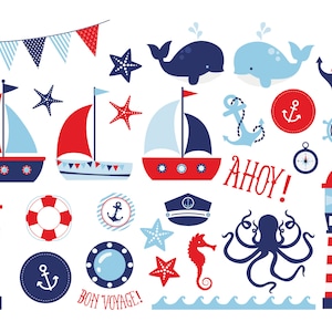 May include: A selection of nautical illustrations in red, white, and blue. Features sailboats, whales, anchors, starfish, a lighthouse, and the word "AHOY!". Ideal for craft projects with a maritime theme.