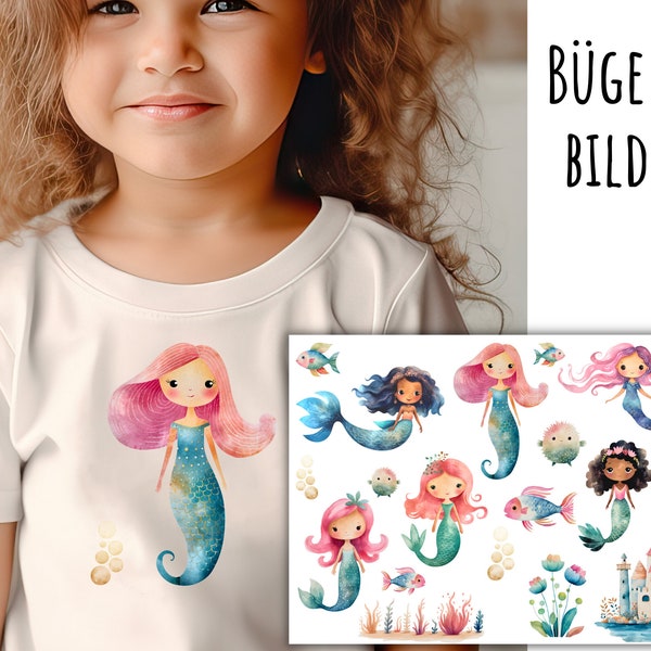 15 iron-on pictures of fairytale mermaids, cute mermaids to iron on, watercolor fishes to iron on, cute iron-on patches for mermaids