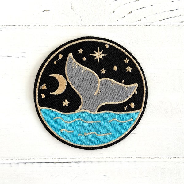 Large whale press, whale fin, ocean and waves, nature press, application, marine animals, sea, ocean, ironing image, patch, starry sky