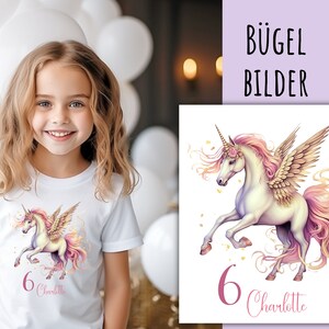 Könnte beinhalten: Ein weißes T-Shirt mit einem pinkfarbenen und goldenen geflügelten Einhorn-Design und dem Text "6 Charlotte".