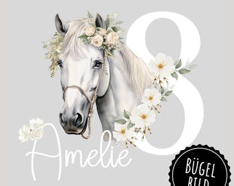 Iron-on transfer for birthdays or school cones featuring a white horse, personalized with a name, SKU 5000.318