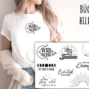 Könnte beinhalten: Ein Set Bügelbilder mit Mond- und Sonnenmotiven und inspirierenden Zitaten wie "Wild Soul", "You are Sunshine", "You are Enough" und "Stay Wild Moon Child".