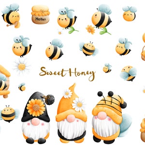 May include: Watercolour illustration of gnomes and bees with the text "Sweet Honey". The gnomes are wearing bee-themed hats and have white beards. The bees are yellow and black with blue wings. There are also honey pots and flowers in the illustration.
