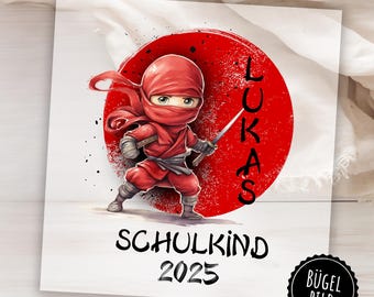 Ninja iron-on patch for starting school or birthday, ninja fighter to iron on yourself, iron-on patch with name and number