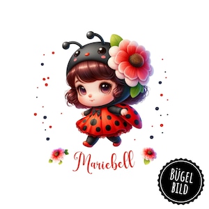May include: A cute cartoon ladybug girl with red and black polka dots, wearing a red and black ladybug costume with a flower on her head. The text "Mariebell" is written below the image. The text "Bügel Bild" is written in a circle below the image.