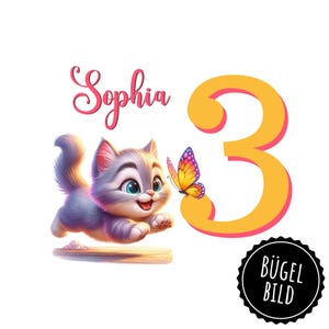 Iron-on birthday transfer with cat, iron-on transfer with name and number, SKU 5.000.482