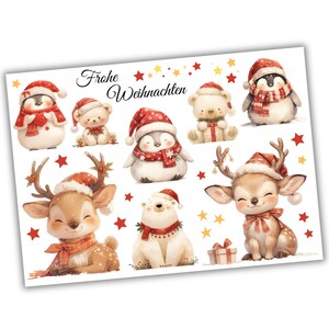Könnte beinhalten: Ein Bogen mit weihnachtlichen Aufklebern mit verschiedenen Tieren, darunter Pinguine, Bären und Rehe, die alle festliche Hüte und Schals tragen. Die Aufkleber sind mit roten Sternen und dem deutschen Satz "Frohe Weihnachten" verziert.