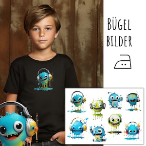 8 Iron-on Monster Patches with Headphones, Funny Monster Iron-On Patches, Green and Blue Monsters, Iron-On Stickers, DJ Monster, SKU 5.000.257