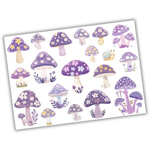 Peut inclure: Une collection de 20 illustrations de champignons violets et blancs avec différents motifs. Les champignons ont des points blancs, des fleurs blanches et certains ont un escargot sur le dessus.