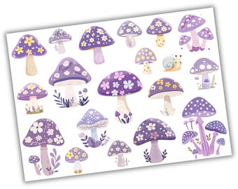 19 x Iron-on transfers of cute purple mushrooms, mushrooms with flowers, SKU 5.000.115
