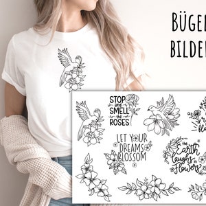 May include: A set of iron-on transfers featuring floral designs and inspirational quotes. The designs include a bird with flowers, a quote about smelling the roses, a quote about letting your dreams blossom, a quote about the earth laughing in flowers, and a quote about no rain, no flowers.