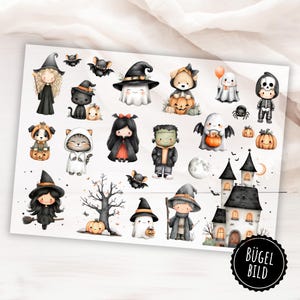 Könnte beinhalten: Ein Bogen mit Halloween-Stickern mit Illustrationen von Hexen, Geistern und Frankenstein. Die Sticker zeigen Kürbisse, Fledermäuse und ein Spukhaus in verschiedenen Farben, darunter Orange, Schwarz und Weiß. Mit dem Text 'BÜGEL BILD'.