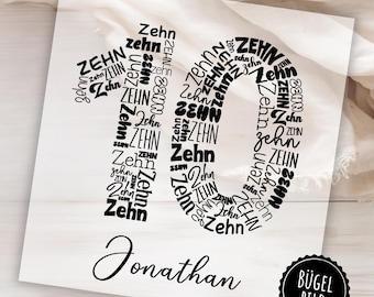 Iron-on transfer with the number 10 for a birthday, number, iron-on transfer with name, date of birth