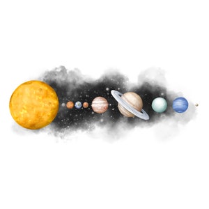 Könnte beinhalten: Eine Aquarell-Illustration des Sonnensystems mit einer gelben Sonne, orangefarbenen, braunen, blauen und grünen Planeten und einem weißen Hintergrund.