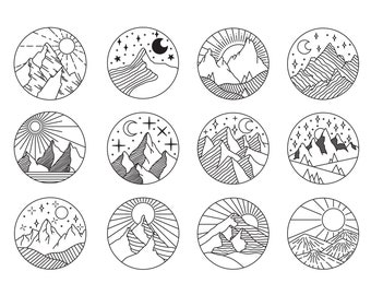 12 iron-on patches, mountains, mountain motifs for ironing on, round mountain label, nature, hiking, minimalist, modern iron-on patches, SKU 5.000.051