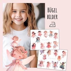 Könnte beinhalten: Bügelbilder von Feen mit floralen Akzenten. Die Bilder sind auf weißem Hintergrund und sagen "Kleine wilde Feen" und "Du bist wunderbar".