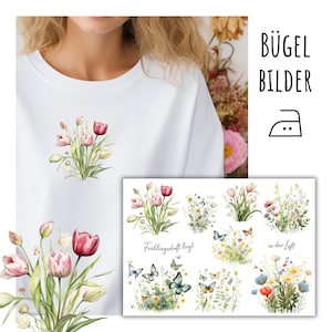 Könnte beinhalten: Bügelbild mit verschiedenen Blumenmotiven mit rosa und weißen Tulpen, Schmetterlingen und dem Text "Frühlingsluft liegt in der Luft".