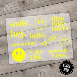 11 Bügelbilder neonfarben, coole Neon Sprüche zum selber aufbügeln, Motive für Mädchen und Jungs, Nö, Hej, smile