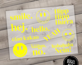 11 neon-colored iron-on patches, cool neon sayings to iron on yourself, designs for girls and boys, Nope, Hey, smile