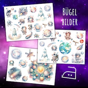 May include: A set of iron-on stickers featuring space-themed illustrations. The stickers include astronauts, rockets, planets, stars, and a space station. The stickers are perfect for adding a touch of whimsy to clothing, bags, or other fabric items.