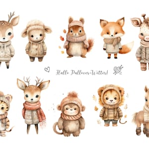 May include: Watercolour illustration of various animals wearing knitted jumpers. The animals include a deer, a sheep, a squirrel, a fox, a giraffe, a tiger, a monkey, a lion, and a horse. The text "Hallo Pullover-Wetter!" is written in the centre of the image.