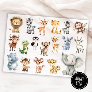 Op de afbeelding: Een vel stickers met verschillende cartoon safari dieren, waaronder een leeuw, een zebra, een giraffe, een cheetah, een aap en een olifant. De stickers zijn kleurrijk en hebben een schattig, vriendelijk ontwerp.