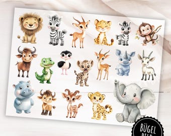 18 Bügelbilder Tiere Afrikas | Safari Tiere Bügelmotive für Kinder | Löwe, Elefant, Zebra, Affe, Nashorn und Antilope zum selber aufbügeln