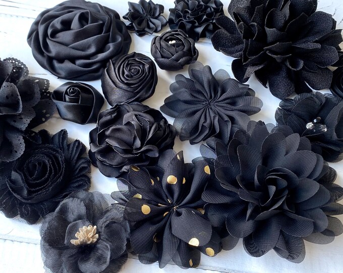 16 Blüten Aus Stoff Schwarz, Schwarze Stoffblüten, Organza, Satin ...