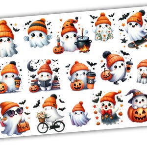 Könnte beinhalten: Ein Bogen mit Halloween-Stickern mit niedlichen Cartoon-Geistern, die orangefarbene Mützen tragen. Die Geister halten Kürbisse, Kaffeetassen und fahren Skateboard. Schwarze Fledermäuse und Sterne sind um die Geister verstreut.