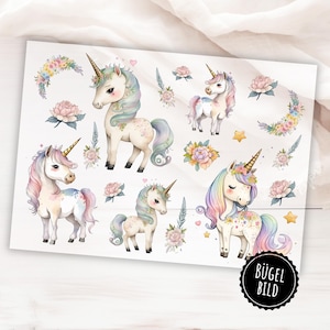 15 iron-on unicorn patches, beautiful pastel-colored unicorn with flowers, birthday iron-on patch, SKU 5.000.083