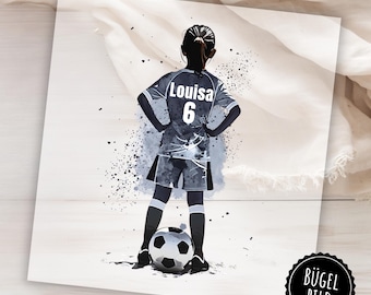 Iron-on patch of a female footballer for starting school or a birthday, football girl iron-on patch with name and number