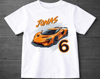 Personalized children's car T-shirt – orange sports car – birthday & first day of school