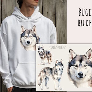 May include: A white hoodie with a watercolor image of a Siberian Husky on the front. The image is also available as an iron-on transfer. The text "B&Uuml;GEL BILDER" is visible in the upper right corner of the image. The text "SIBIRISCHER HUSKY" is visible in the lower right corner of the image.
