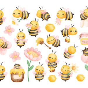 May include: Watercolour illustration of cute cartoon bees with honey pots, flowers, and honeycomb. The bees are yellow and black with white wings and smiling faces. The flowers are pink and white with green stems. The honey pots are brown with yellow lids and the honeycomb is yellow.